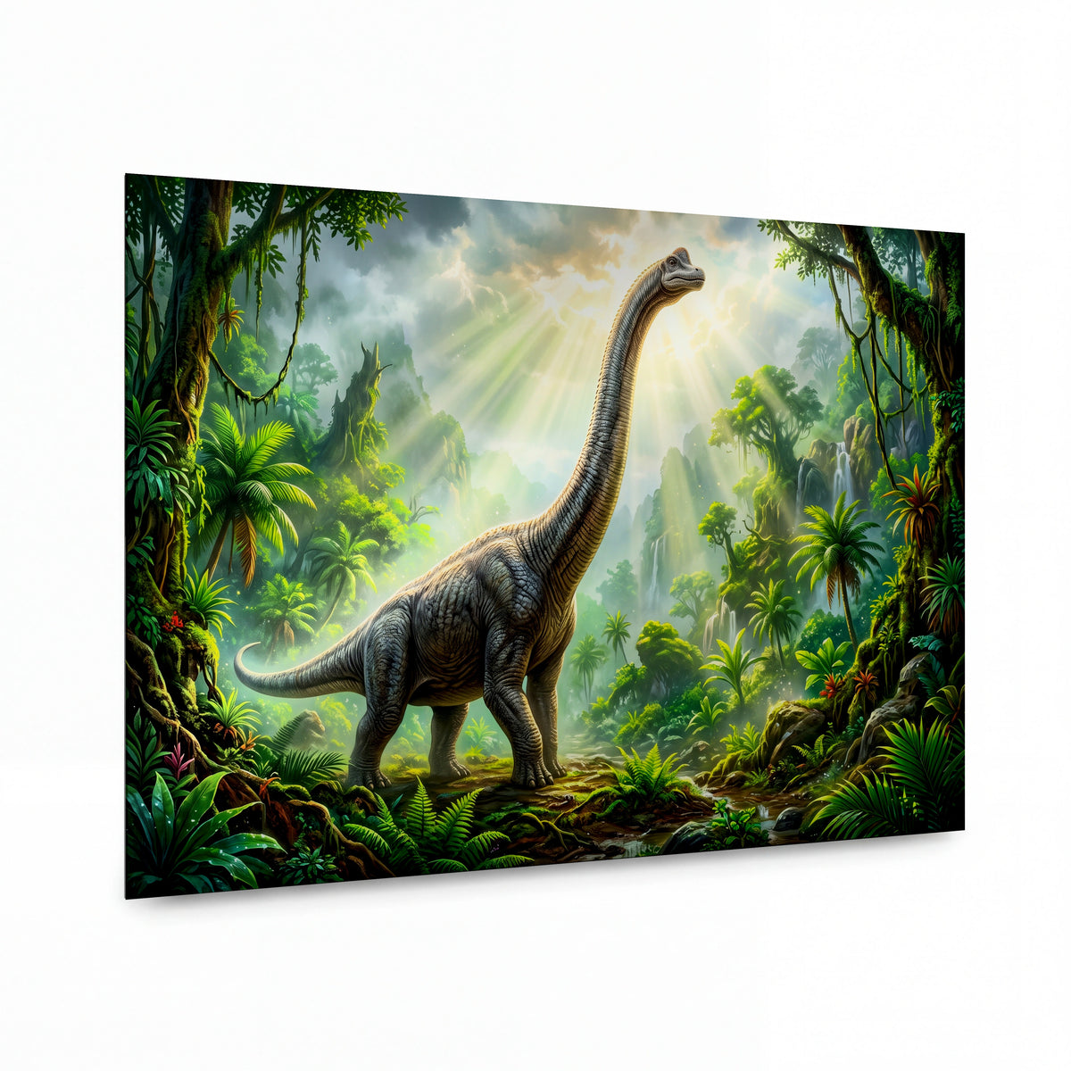 Obraz Brachiosaurus v papradinové džungli prvního světla — kovový obraz na hliníkovém panelu s vysokým leskem