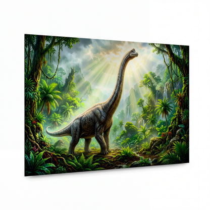 Obraz Brachiosaurus v papradinové džungli prvního světla — kovový obraz na hliníkovém panelu s vysokým leskem