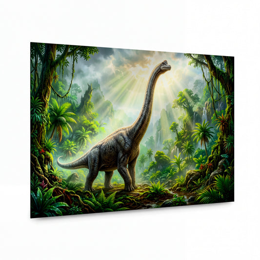 Obraz Brachiosaurus v papradinové džungli prvního světla — kovový obraz na hliníkovém panelu s vysokým leskem