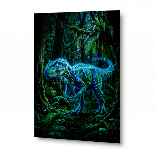 Obraz Zářící velociraptor v pralesní mlze — kovový obraz na hliníkovém panelu s vysokým leskem