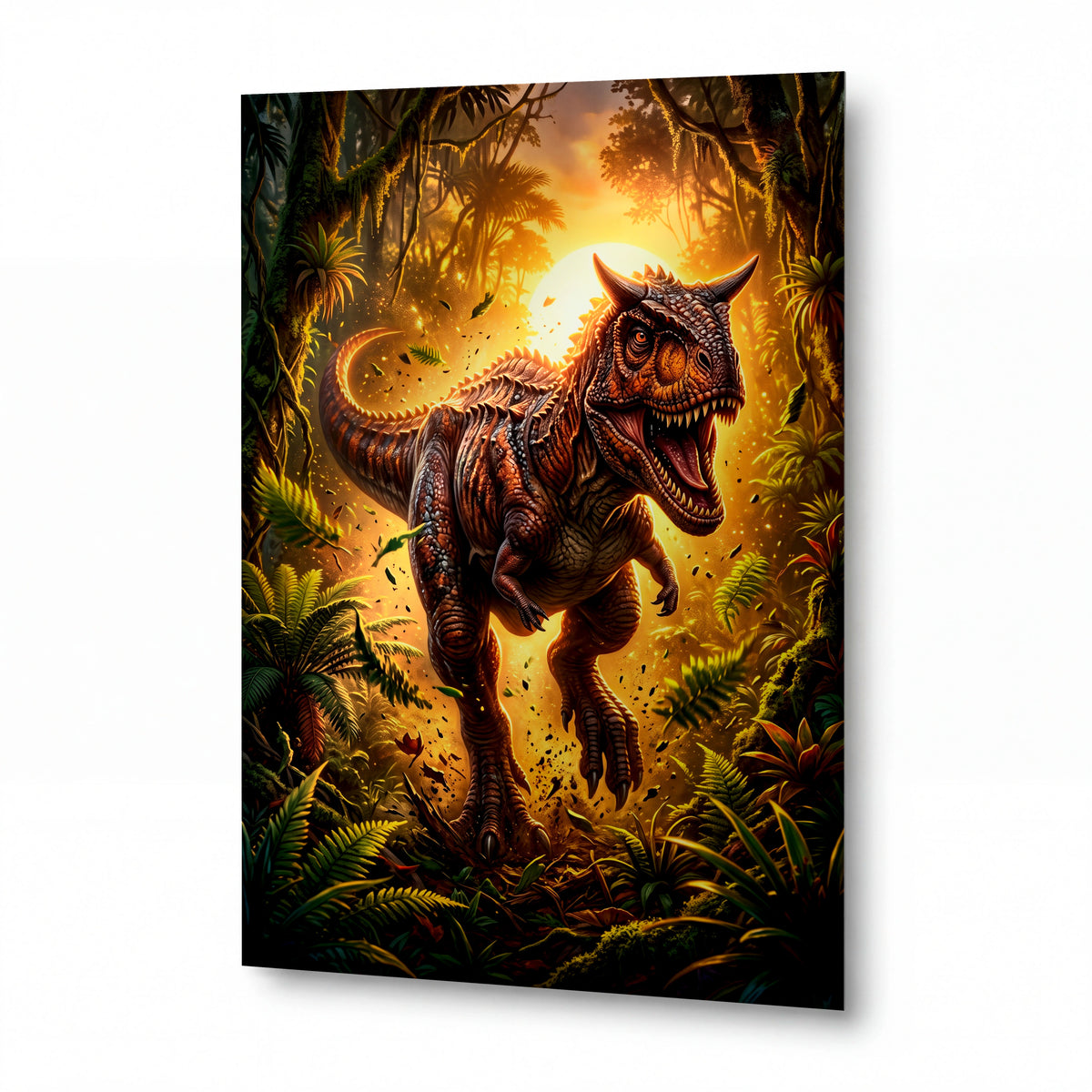 Obraz Carnotaurus v záři pravěkého úsvitu — kovový obraz na hliníkovém panelu s vysokým leskem