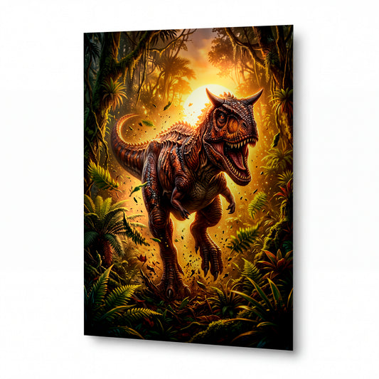 Obraz Carnotaurus v záři pravěkého úsvitu — kovový obraz na hliníkovém panelu s vysokým leskem