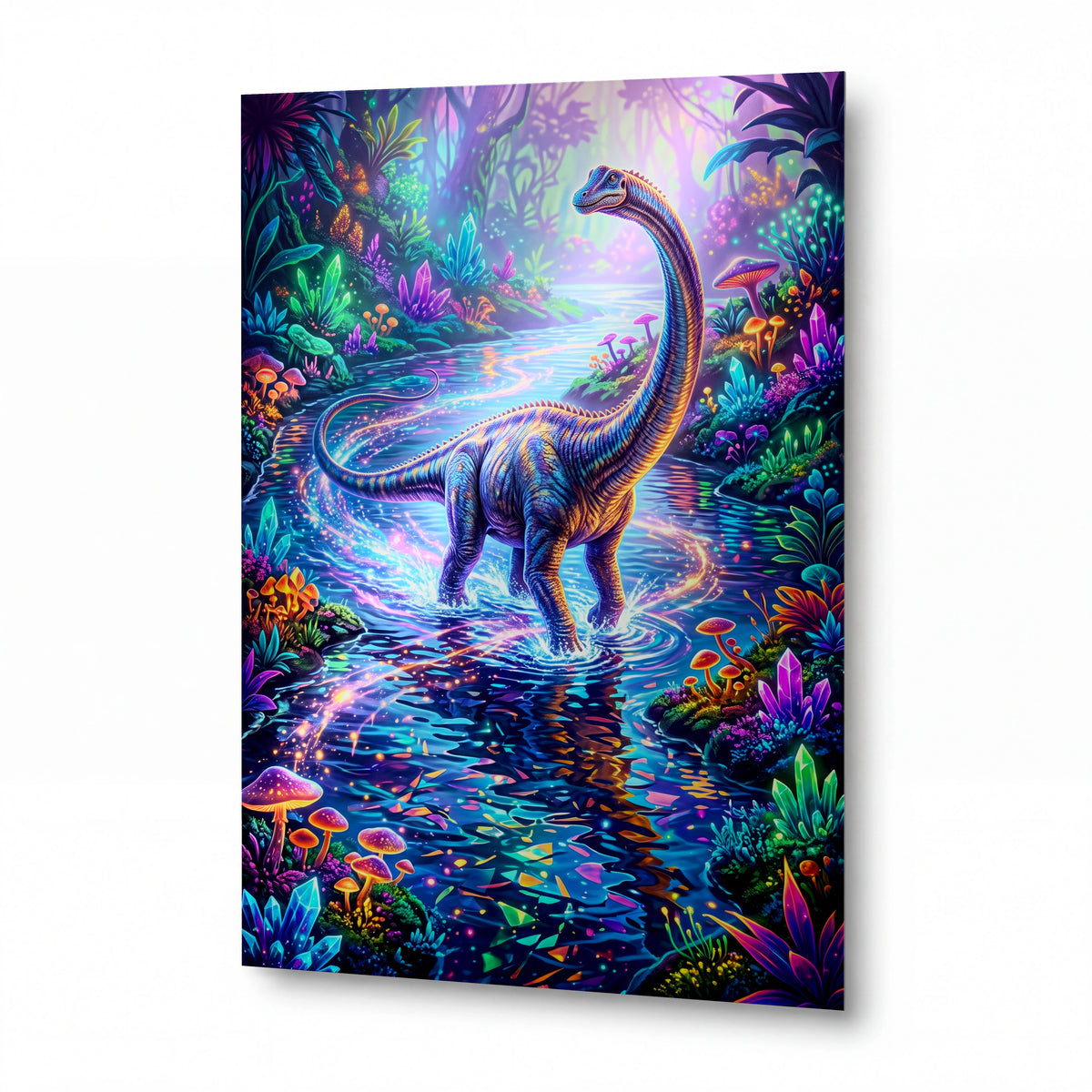 Obraz Brachiosaurus v zářivé magické laguně — kovový obraz na hliníkovém panelu s vysokým leskem