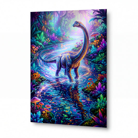 Obraz Brachiosaurus v zářivé magické laguně — kovový obraz na hliníkovém panelu s vysokým leskem