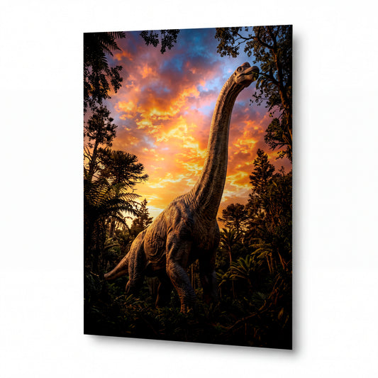 Obraz Brachiosaurus v žáru jurského soumraku — kovový obraz na hliníkovém panelu s vysokým leskem