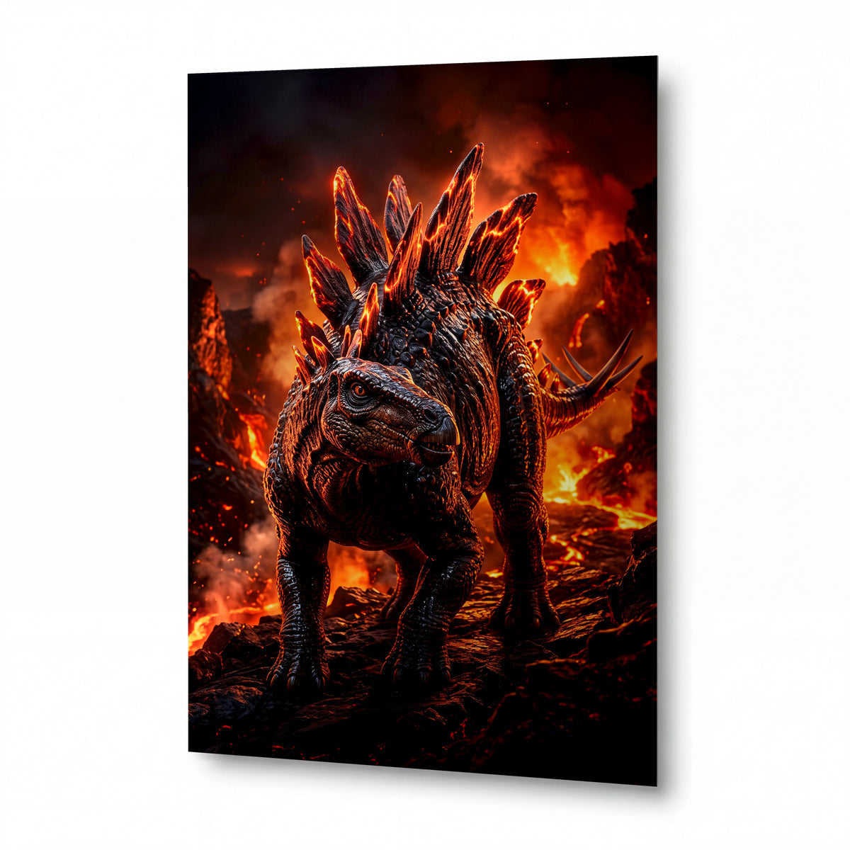 Obraz Stegosaurus v ohnivé krajině — kovový obraz na hliníkovém panelu s vysokým leskem