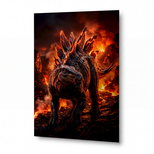 Obraz Stegosaurus v ohnivé krajině — kovový obraz na hliníkovém panelu s vysokým leskem