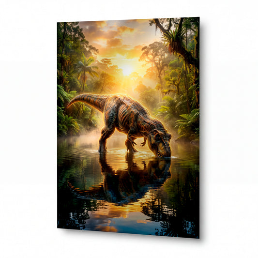 Obraz Dinosaurus u ranního jezera v pravěkém pralese — kovový obraz na hliníkovém panelu s vysokým leskem