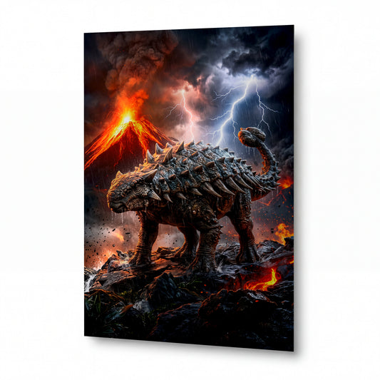 Obraz Obrněný ankylosaurus v útrobách sopečné bouře — kovový obraz na hliníkovém panelu s vysokým leskem