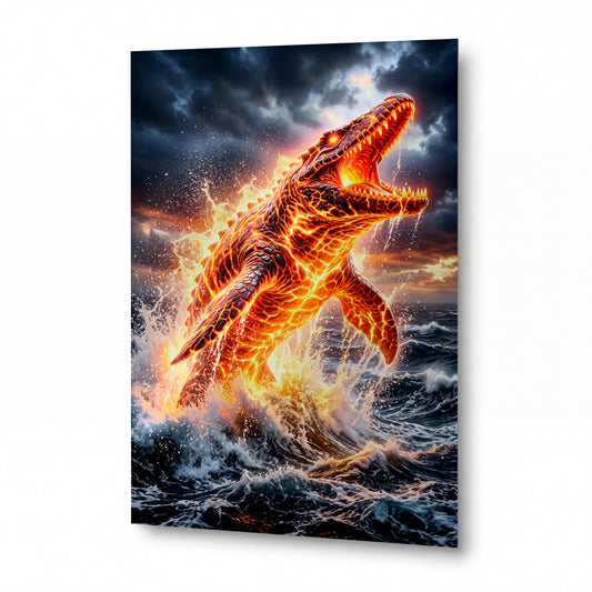 Obraz Ohnivý tyranosaurus vynořující se z rozbouřeného oceánu — kovový obraz na hliníkovém panelu s vysokým leskem