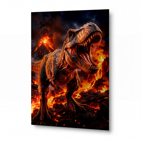 Obraz Tyrannosaur v sopečném pekle — kovový obraz na hliníkovém panelu s vysokým leskem