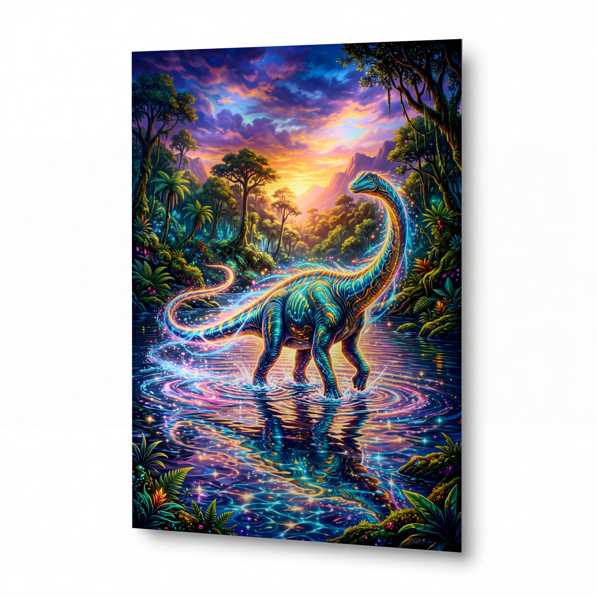 Obraz Zářící brachiosaurus v kouzelné džungli — kovový obraz na hliníkovém panelu s vysokým leskem