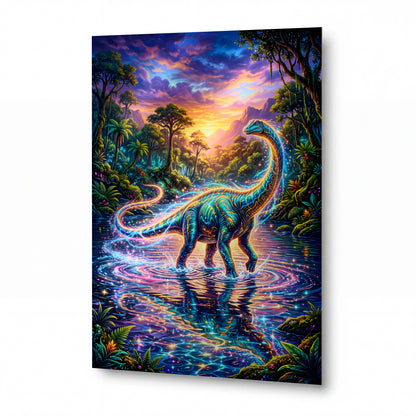 Obraz Zářící brachiosaurus v kouzelné džungli — kovový obraz na hliníkovém panelu s vysokým leskem