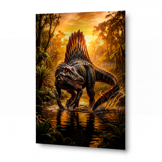 Obraz Spinosaurus v plameni juského úsvitu — kovový obraz na hliníkovém panelu s vysokým leskem