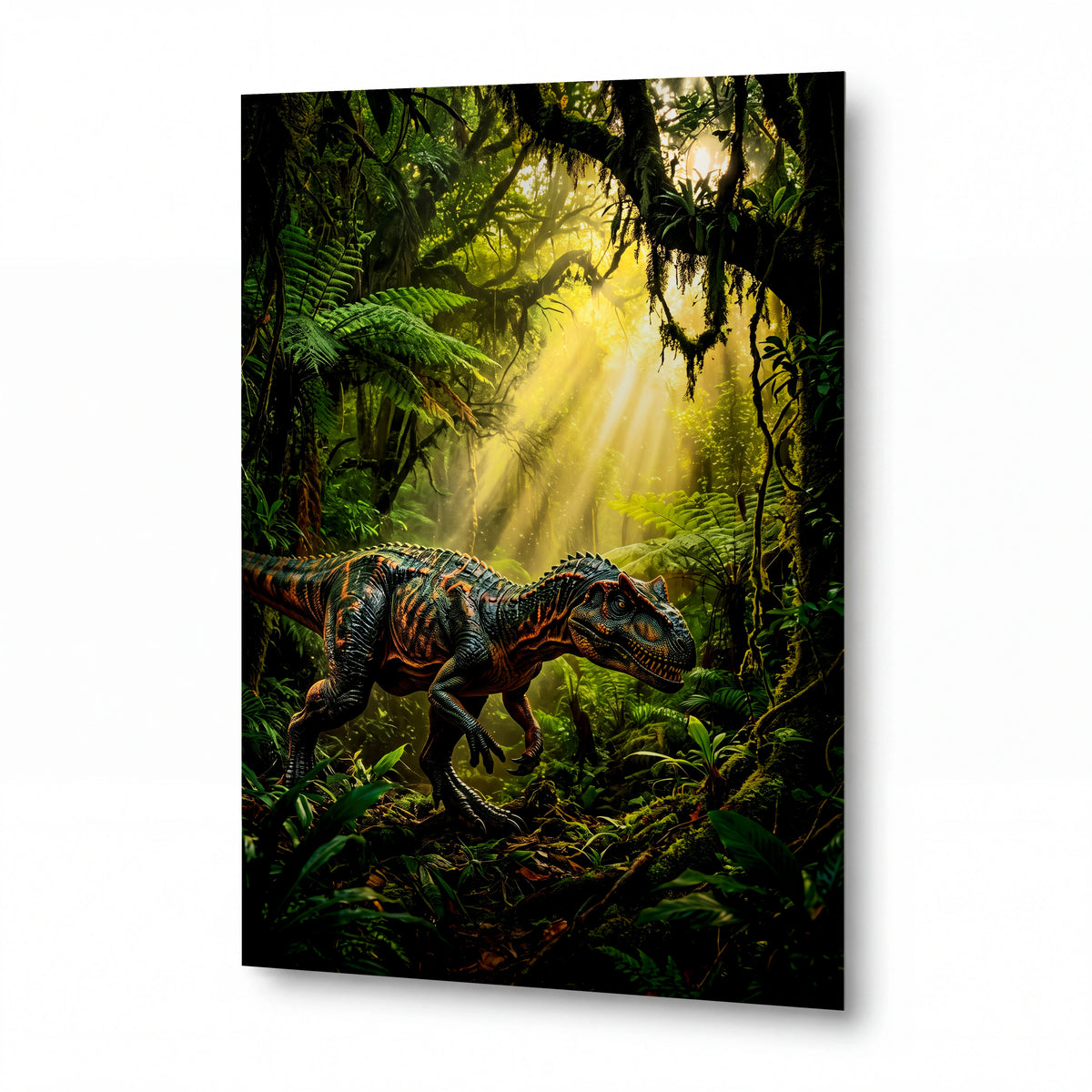 Obraz Tyranosaurus v prapůvodní džungli svítání — kovový obraz na hliníkovém panelu s vysokým leskem