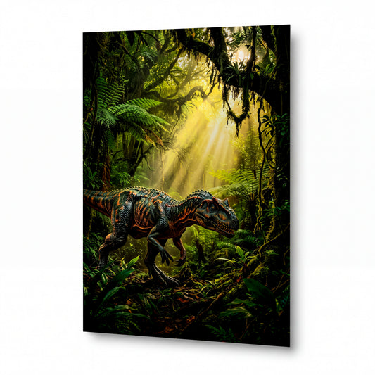 Obraz Tyranosaurus v prapůvodní džungli svítání — kovový obraz na hliníkovém panelu s vysokým leskem