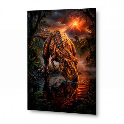 Obraz Pancéřový dinosaurus u sopečného jezera — kovový obraz na hliníkovém panelu s vysokým leskem