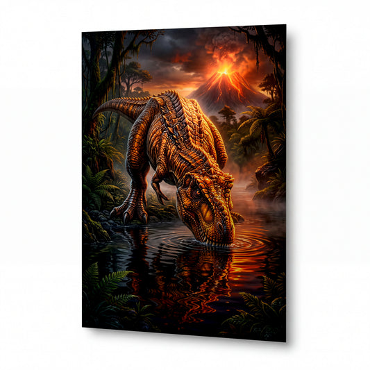 Obraz Pancéřový dinosaurus u sopečného jezera — kovový obraz na hliníkovém panelu s vysokým leskem