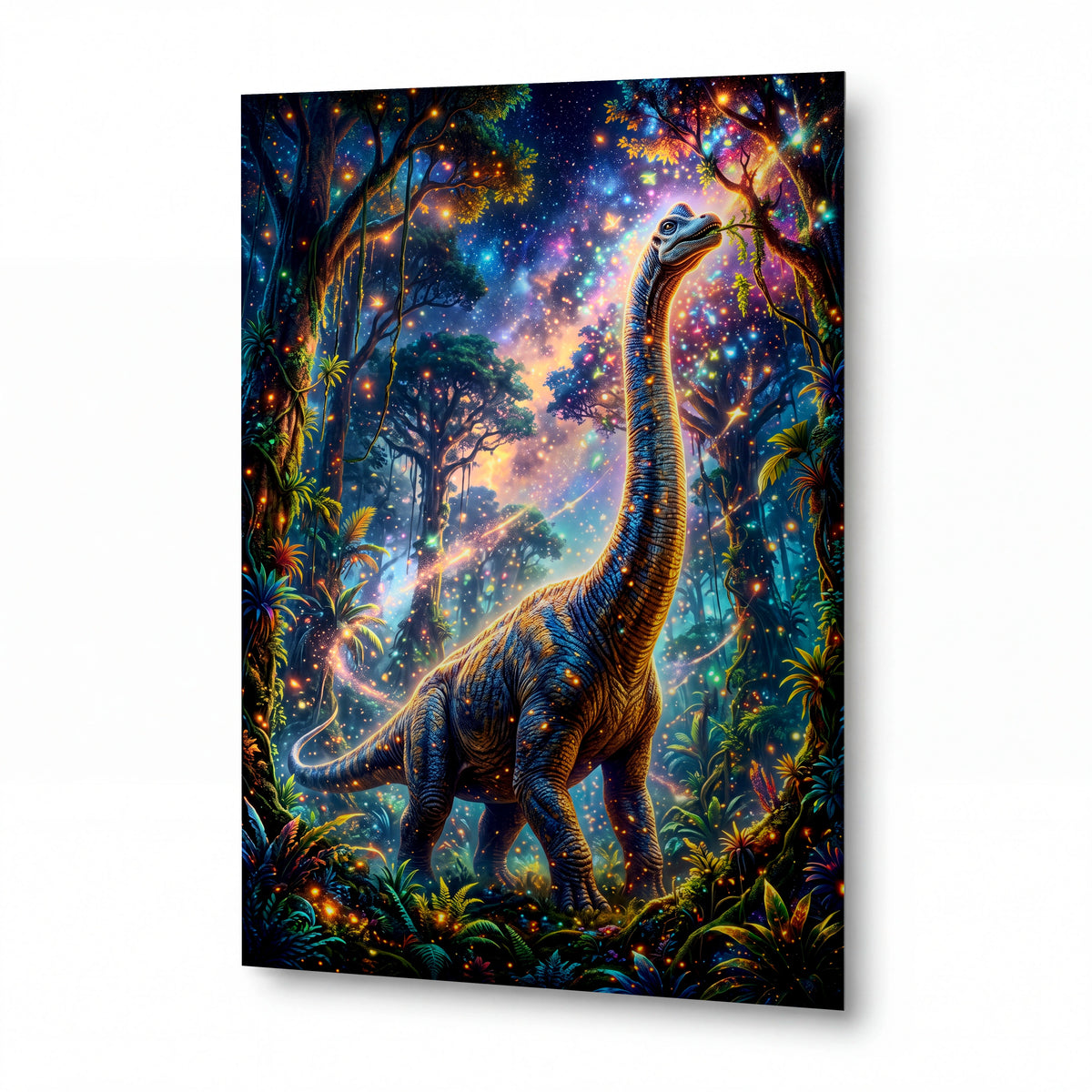 Obraz Brachiosaurus v kouzelném hvězdném pralese — kovový obraz na hliníkovém panelu s vysokým leskem