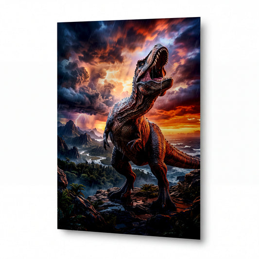 Obraz Tyrannosaurus za apokalyptické bouře — kovový obraz na hliníkovém panelu s vysokým leskem