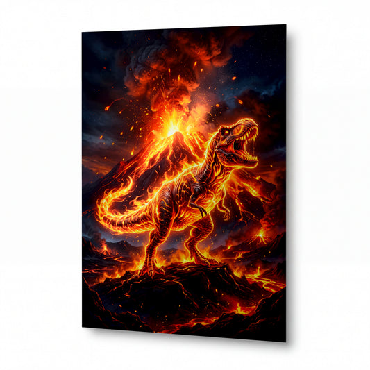 Obraz Tyranosaurus Rex v plameni sopečné erupce — kovový obraz na hliníkovém panelu s vysokým leskem