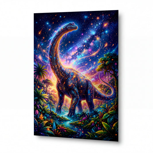 Obraz Brachiosaurus v kosmické džungli padajících hvězd — kovový obraz na hliníkovém panelu s vysokým leskem