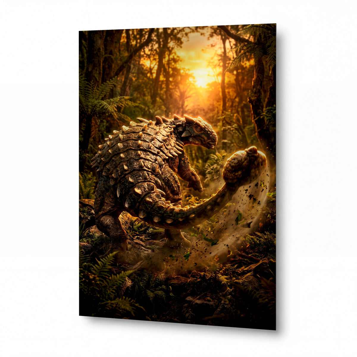 Obraz Ankylosaurus v pralesním svítání — kovový obraz na hliníkovém panelu s vysokým leskem