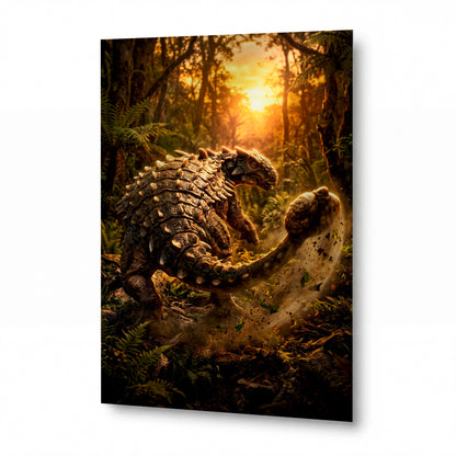 Obraz Ankylosaurus v pralesním svítání — kovový obraz na hliníkovém panelu s vysokým leskem