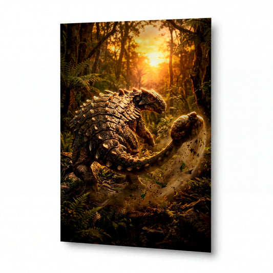 Obraz Ankylosaurus v pralesním svítání — kovový obraz na hliníkovém panelu s vysokým leskem