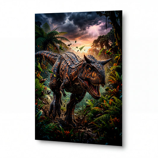 Obraz Carnotaurus v bouřkovém pralese — kovový obraz na hliníkovém panelu s vysokým leskem
