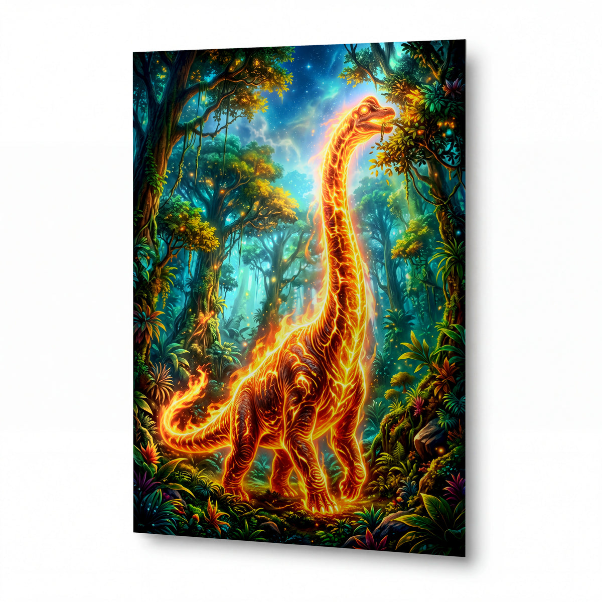Obraz Ohnivý brachiosaurus v pralese snů — kovový obraz na hliníkovém panelu s vysokým leskem