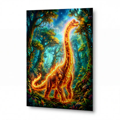 Obraz Ohnivý brachiosaurus v pralese snů — kovový obraz na hliníkovém panelu s vysokým leskem