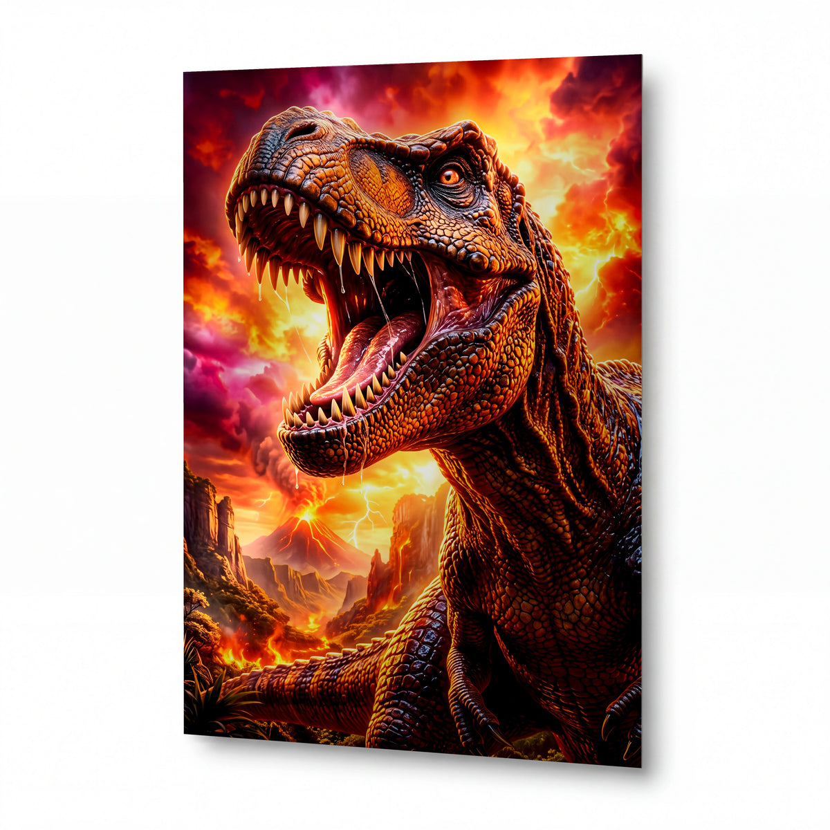 Obraz Tyrannosaurus v ohnivém inferno — kovový obraz na hliníkovém panelu s vysokým leskem