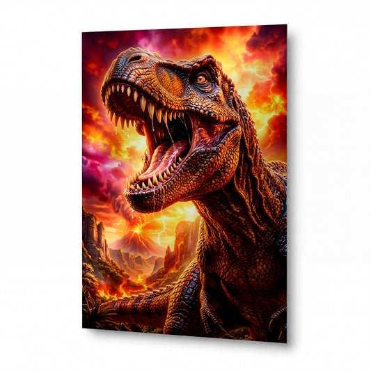 Obraz Tyrannosaurus v ohnivém inferno — kovový obraz na hliníkovém panelu s vysokým leskem