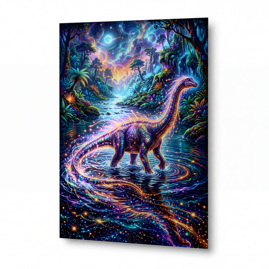 Obraz Zářivý brachiosaurus v magickém pralese — kovový obraz na hliníkovém panelu s vysokým leskem