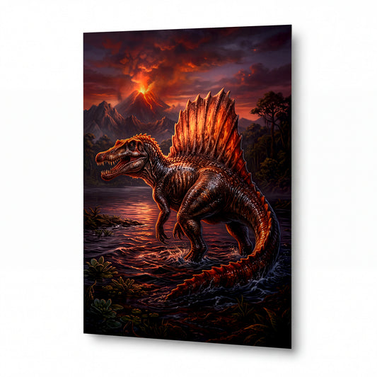 Obraz Spinosaurus v plamenech sopečné bouře — kovový obraz na hliníkovém panelu s vysokým leskem