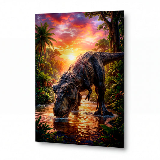 Obraz Tyranosaurus u pramene při západu slunce — kovový obraz na hliníkovém panelu s vysokým leskem
