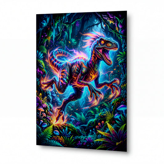 Obraz Dravý Velociraptor v bioluminiscentní džungli — kovový obraz na hliníkovém panelu s vysokým leskem