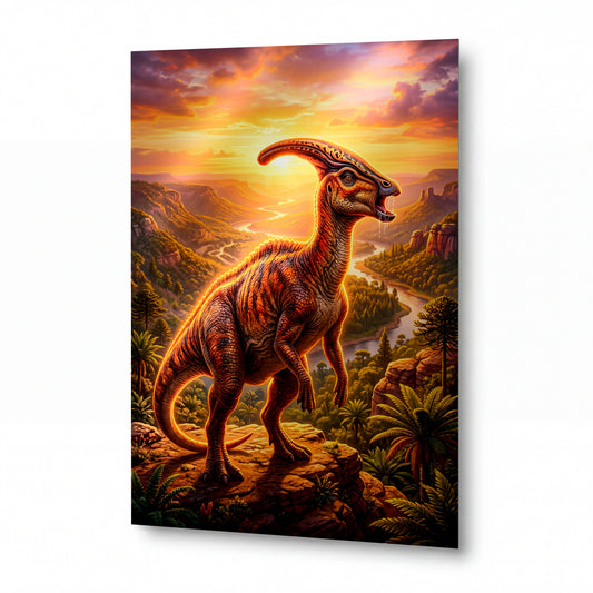 Obraz Parasaurolophus v žáru pravěkého západu slunce — kovový obraz na hliníkovém panelu s vysokým leskem