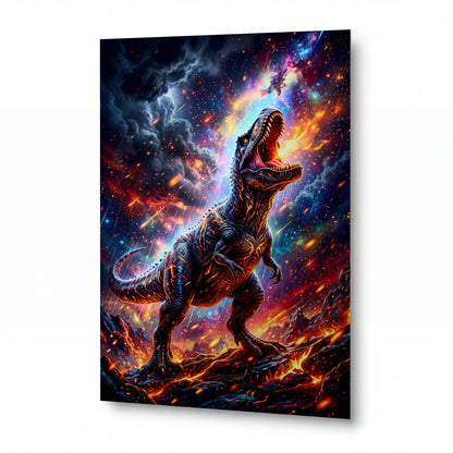 Obraz Tyranosaurus v ohnivém kosmickém víru — kovový obraz na hliníkovém panelu s vysokým leskem