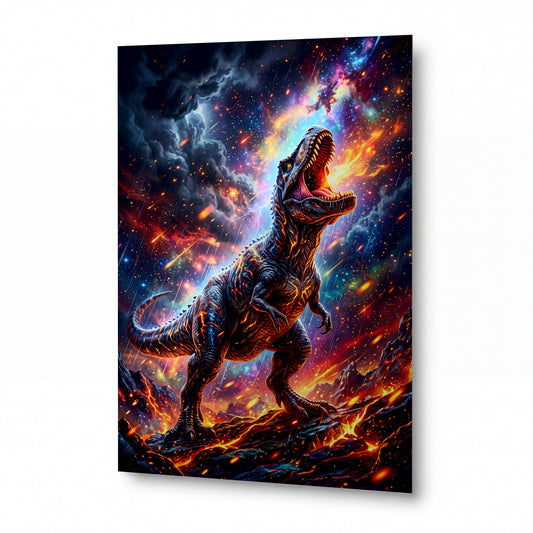 Obraz Tyranosaurus v ohnivém kosmickém víru — kovový obraz na hliníkovém panelu s vysokým leskem