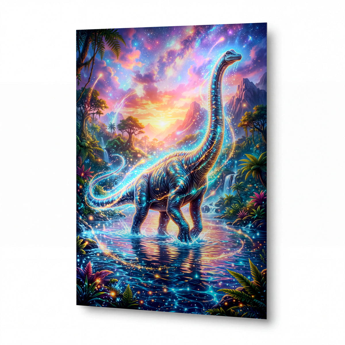 Obraz Zářící brachiosaurus v magické lagúně — kovový obraz na hliníkovém panelu s vysokým leskem