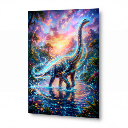 Obraz Zářící brachiosaurus v magické lagúně — kovový obraz na hliníkovém panelu s vysokým leskem