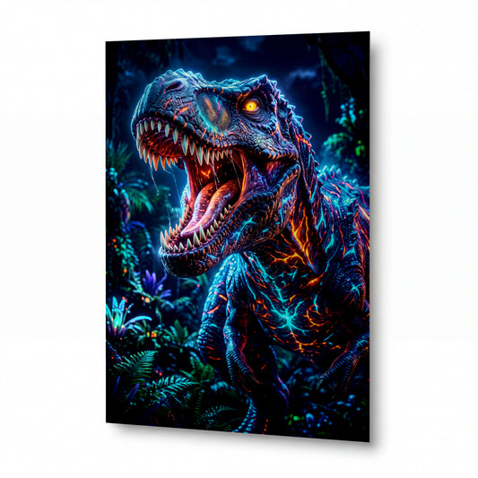 Obraz Tyrannosaurus ve světle bioluminiscence — kovový obraz na hliníkovém panelu s vysokým leskem