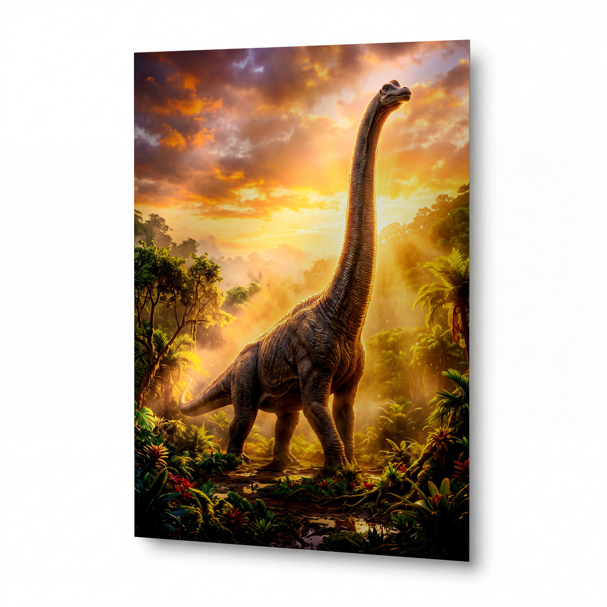 Obraz Brachiosaurus v prastaré džungli při úsvitu — kovový obraz na hliníkovém panelu s vysokým leskem