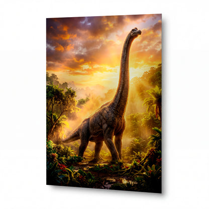 Obraz Brachiosaurus v prastaré džungli při úsvitu — kovový obraz na hliníkovém panelu s vysokým leskem