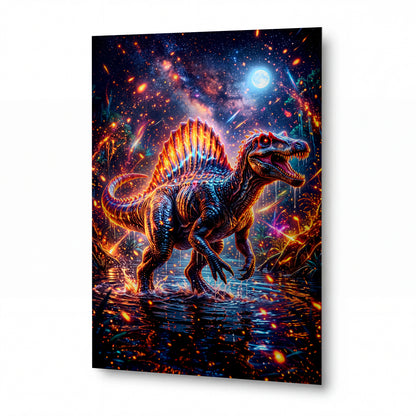 Obraz Spinosaurus v plamenném kosmickém dešti — kovový obraz na hliníkovém panelu s vysokým leskem