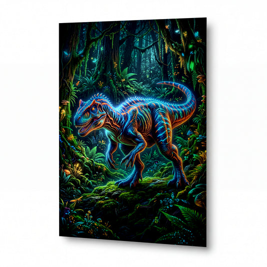 Obraz Zářivý tyranosaurus v bioluminiscenčním pralese — kovový obraz na hliníkovém panelu s vysokým leskem