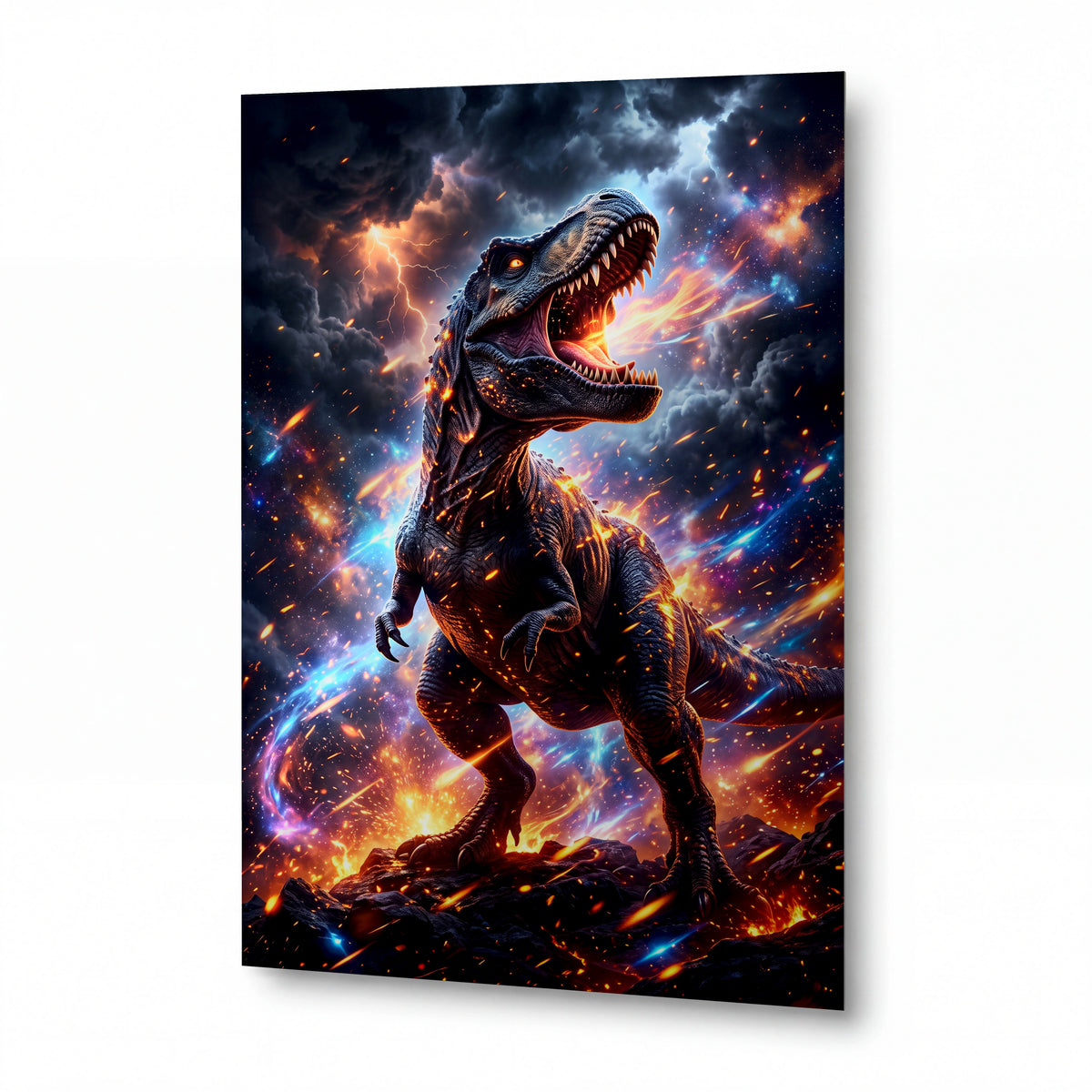 Obraz Tyranosaurus v bouři meteorů — kovový obraz na hliníkovém panelu s vysokým leskem