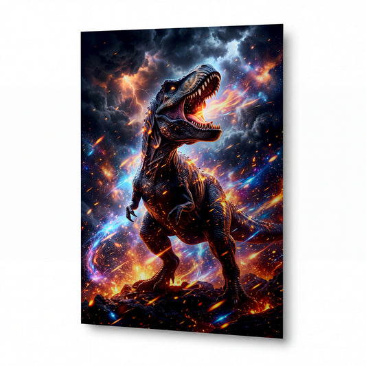 Obraz Tyranosaurus v bouři meteorů — kovový obraz na hliníkovém panelu s vysokým leskem